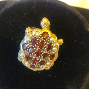 Sterling Turtle brooch & necklace silver & red rhinestones circa 1950 1 1/2 inch